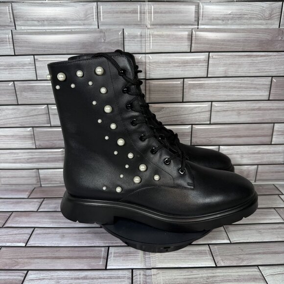 Stuart Weitzman Women's Black Mcknzee Pearl Studded Leather Combat Boots Size 9 - Picture 1 of 7